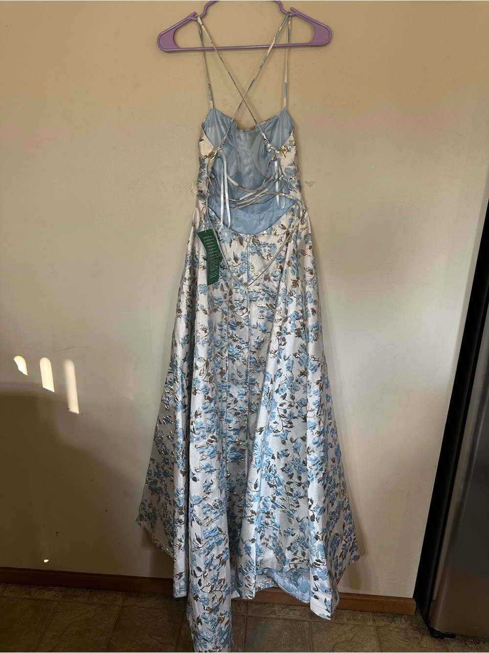 B. Smart Blue and White Floral Long Sleeve Evening Gown - Picture 3 of 6